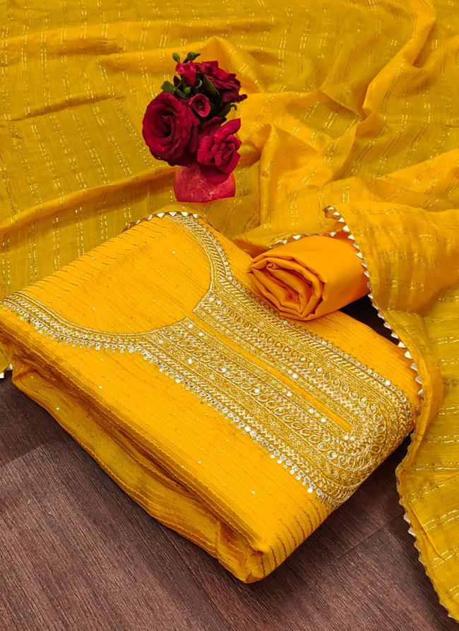 Chanderi Yellow Festival Wear Crosset Work Dress Material